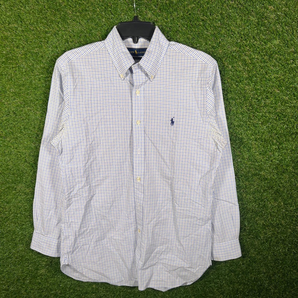 Ralph Lauren Mens Slim Fit Button Down Shirt Check blue White Size 15 1/2 32 33